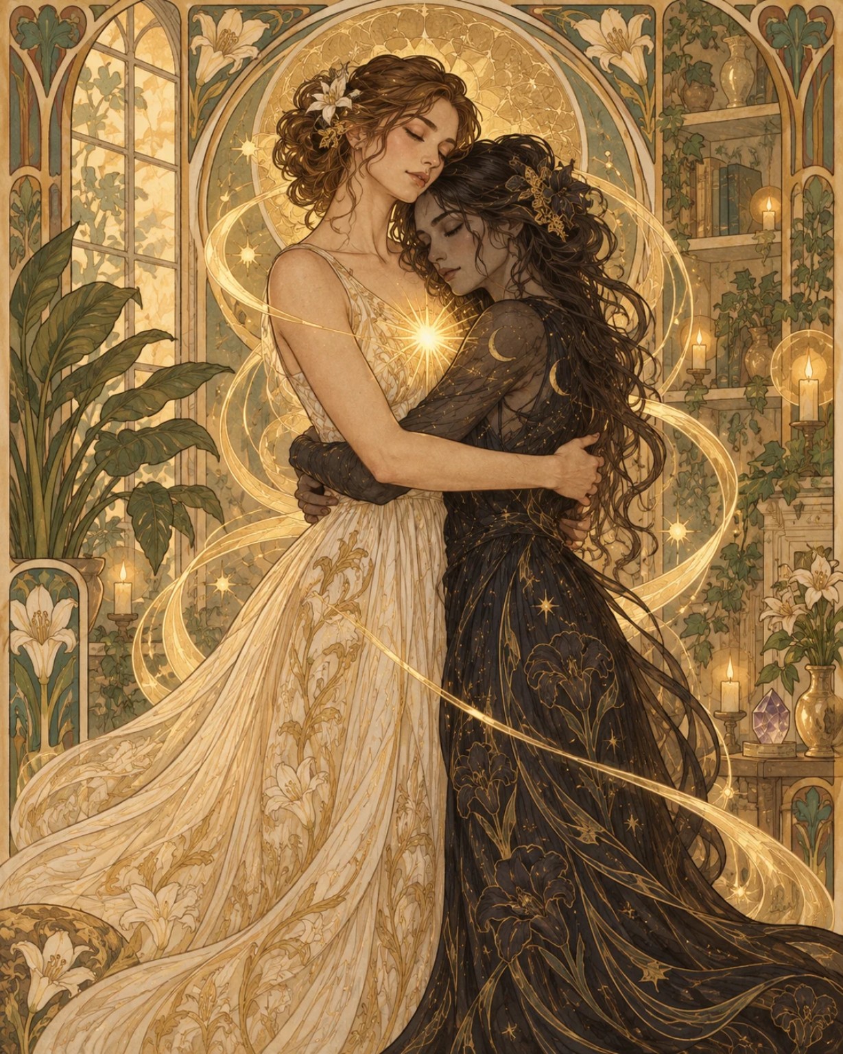 自分に似たシャドウを静かに抱きしめ受け入れる女性を描いたアールヌーヴォー風イメージ